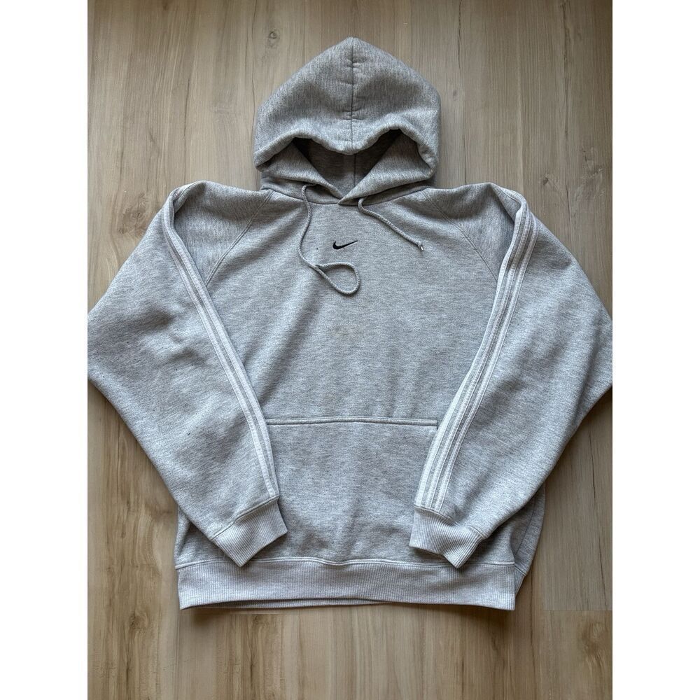 Vintage 90s Nike Heather Grey With Stripes Center Swoosh Hoodie M